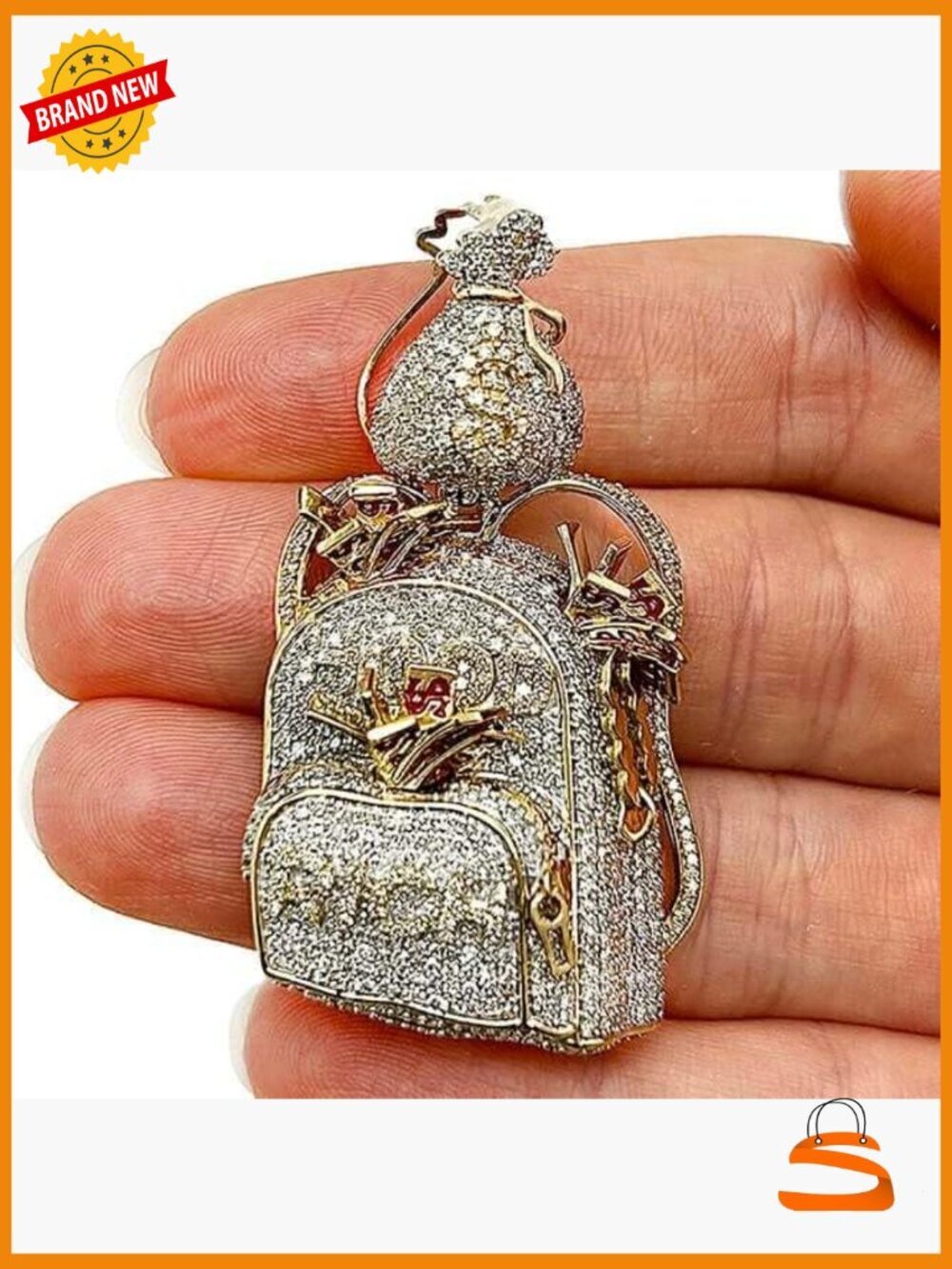 Natural Diamond 10K Yellow Gold Backpack Pendant Necklace 2.6" - Picture 3 of 5